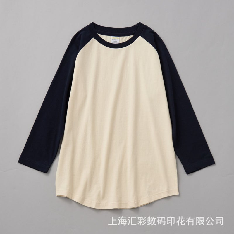 230G Raglan Seven-Point Sleeve T-Shirt Cotton Khaji Retro Oblique Shoulder Color Matching Curved Hem Two Needle Oversize - Image 1